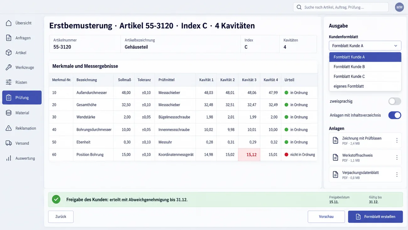 Maske: Erstbemusterung für Artikel 55-3120, Index C, mit einer Merkmalstabelle aus Merkmalnummer, Bezeichnung, Sollmaß, Toleranz, Prüfmittel und Messwert je Kavität, ein rot markierter Wert bei der Bohrungsposition mit dem Urteil nicht in Ordnung, rechts die Ausgabe mit Auswahl des Kundenformblatts, Schaltern für zweisprachig und Anlagen mit Inhaltsverzeichnis und der Anlagenliste, unten die Freigabe mit Abweichgenehmigung bis 31.12.