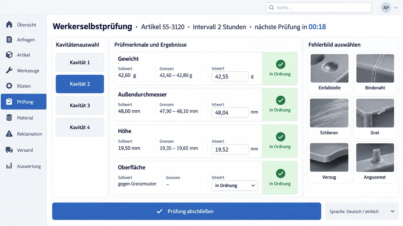Maske: Werkerselbstprüfung für Artikel 55-3120 im Zwei-Stunden-Intervall mit der Restzeit bis zur nächsten Prüfung, Kavitätenauswahl mit aktiver Kavität 2, großen Eingabekacheln für Gewicht, Außendurchmesser, Höhe und Oberfläche mit Sollwert, Grenzen, Istwert und grüner Bewertung, sechs bebilderten Fehlerbildern von Einfallstelle bis Angussrest, der Schaltfläche „Prüfung abschließen“ und der Sprachwahl Deutsch einfach