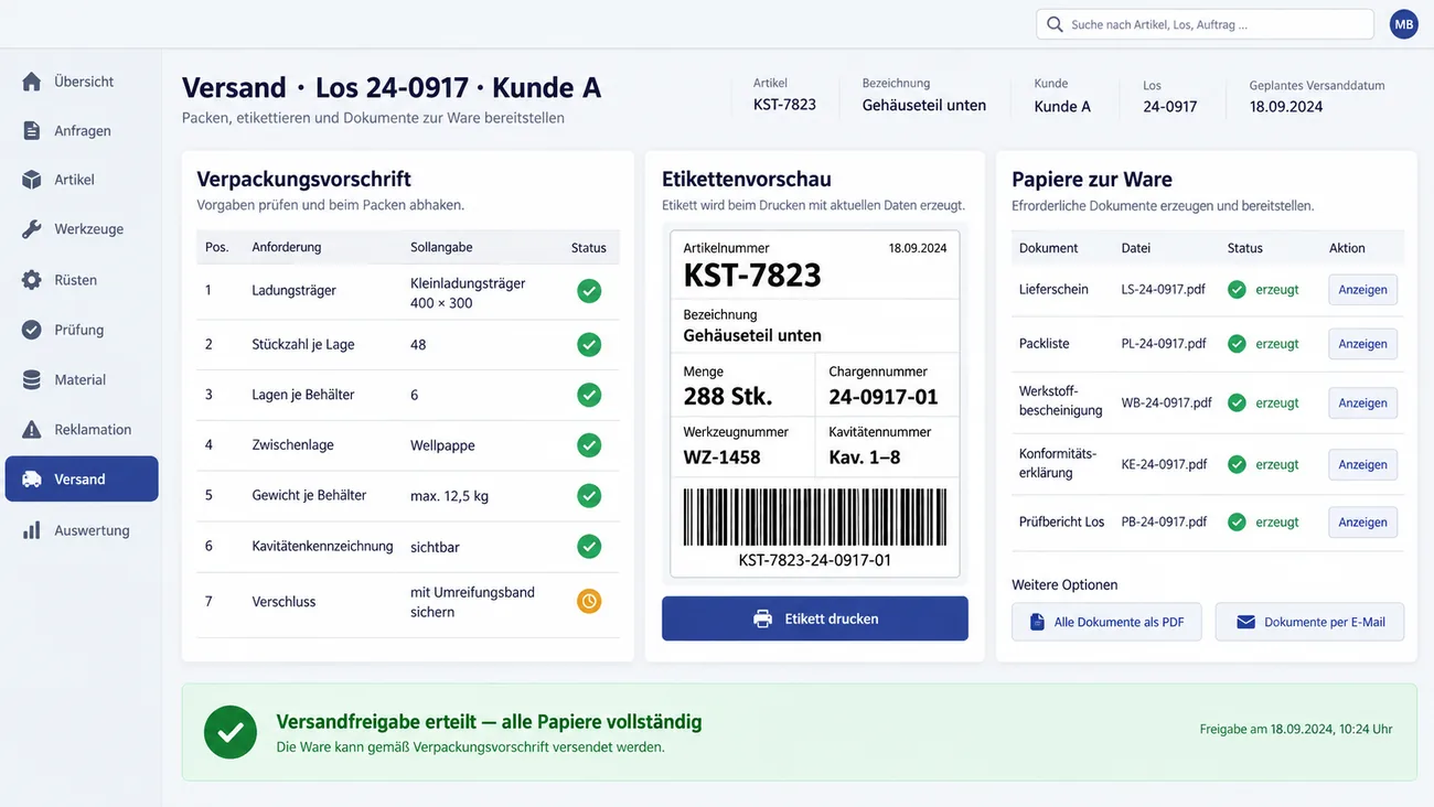 Maske: Versand von Los 24-0917 an Kunde A mit der abhakbaren Verpackungsvorschrift von Ladungsträger, Stückzahl je Lage und Zwischenlage bis zur Kavitätenkennzeichnung und dem noch offenen Verschluss, einer Etikettenvorschau mit Artikelnummer, Menge, Chargennummer, Werkzeug- und Kavitätennummer und Barcode, den Papieren zur Ware vom Lieferschein bis zum Prüfbericht, alle erzeugt, und der erteilten Versandfreigabe