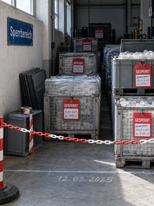 Abgesperrte Fläche in einer Fertigungshalle hinter einer rot-weißen Kunststoffkette: gestaffelt in die Tiefe Gitterboxen und Stapelbehälter voller heller Kunststoffteile, teils in Folie gewickelt, an jedem Behälter ein roter Anhänger „GESPERRT“ mit handschriftlichem Datum und Chargennummer, zwei davon umdatiert, an der Wand ein blaues Emailschild „Sperrbereich“, am Boden eine Kreidelinie mit Datum