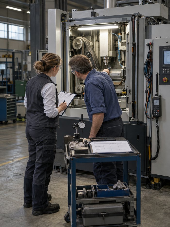 Funktionsprüfung einer fertig montierten Maschine: Bei geöffneter Schutztür blicken eine Frau mit Schutzbrille, Arbeitsweste und Klemmbrett und ein Mann im blauen Arbeitshemd, der mit dem Kugelschreiber auf eine Stelle zeigt, in den beleuchteten Arbeitsraum mit Riementrieben und Spindeleinheit, davor ein Rollwagen mit Prüfblatt für zwei Messwerte und einer Messuhr am Magnetstativ