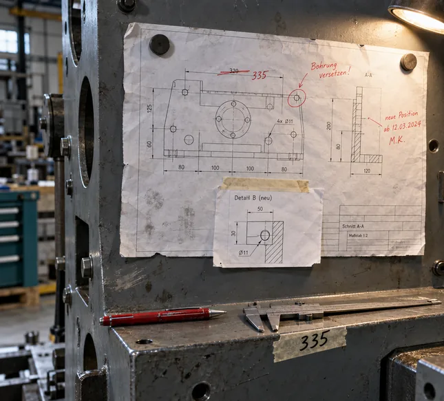 Seitenwange einer halbfertigen Sondermaschine unter einer Klemmleuchte: Magnete halten eine zerknitterte Zeichnung, in der ein Maß rot durchgestrichen und durch 335 ersetzt, eine Bohrung eingekreist und mit „Bohrung versetzen!“ markiert ist, am Rand ein Vermerk mit Datum und Kürzel, unten ein angeklebtes Zusatzdetail, auf der Blechkante roter Stift, Messschieber und Kreppband mit dem neuen Maß