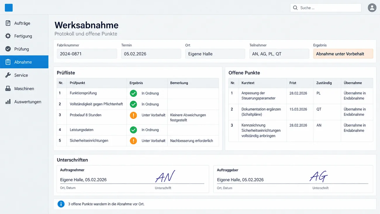 Maske: Werksabnahme mit Fabriknummer, Termin, Ort eigene Halle, Teilnehmerkürzeln und dem Ergebnis Abnahme unter Vorbehalt, der Prüfliste von Funktionsprüfung über Vollständigkeit gegen Pflichtenheft, Probelauf und Leistungsdaten bis Sicherheitseinrichtungen mit zwei Vorbehalten, drei offenen Punkten mit Frist, Zuständigem und Übernahme in die Endabnahme und den Unterschriften beider Seiten