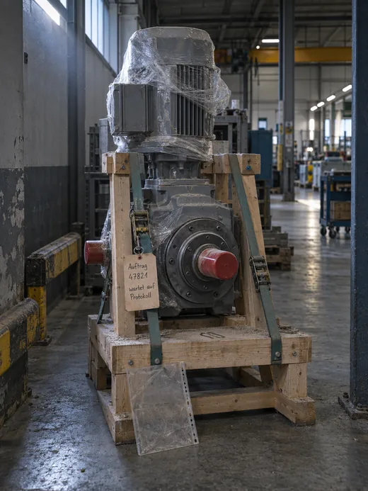 Abstellfläche am Rand einer Maschinenbauhalle: Ein fertig montierter Getriebemotor, teils in Stretchfolie gehüllt und mit roten Schutzkappen auf den Wellenenden, steht mit Spanngurten gesichert auf einem verstaubten Holzgestell, am Gurt hängt ein Kartonanhänger mit Auftragsnummer und der Aufschrift „wartet auf Protokoll“, davor lehnt eine leere Klarsichthülle