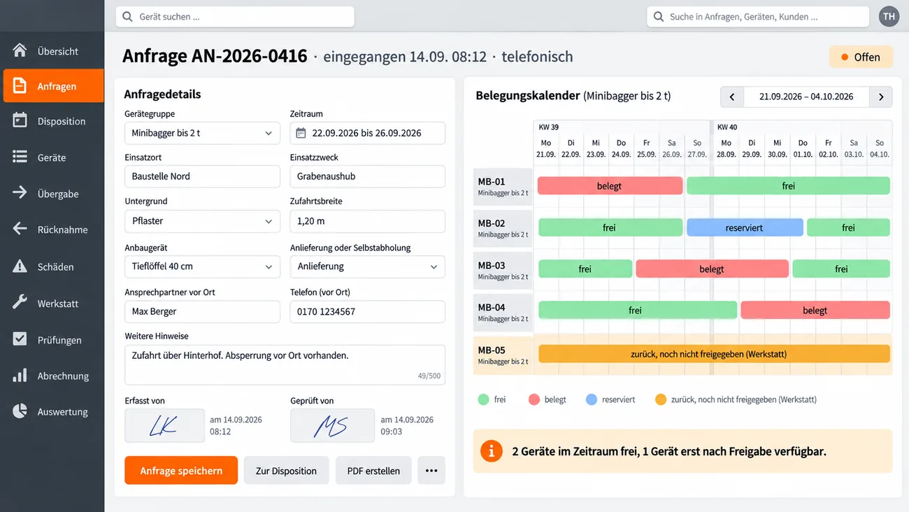 Maske: telefonische Anfrage mit Gerätegruppe, Zeitraum, Einsatzort, Einsatzzweck Grabenaushub, Untergrund Pflaster, Zufahrtsbreite, Anbaugerät, Anlieferung und Ansprechpartner vor Ort, daneben der Belegungskalender über zwei Wochen mit belegten, reservierten und freien Geräten und einer hervorgehobenen Zeile „zurück, noch nicht freigegeben“, darunter der Hinweis auf zwei freie Geräte und eines erst nach Freigabe