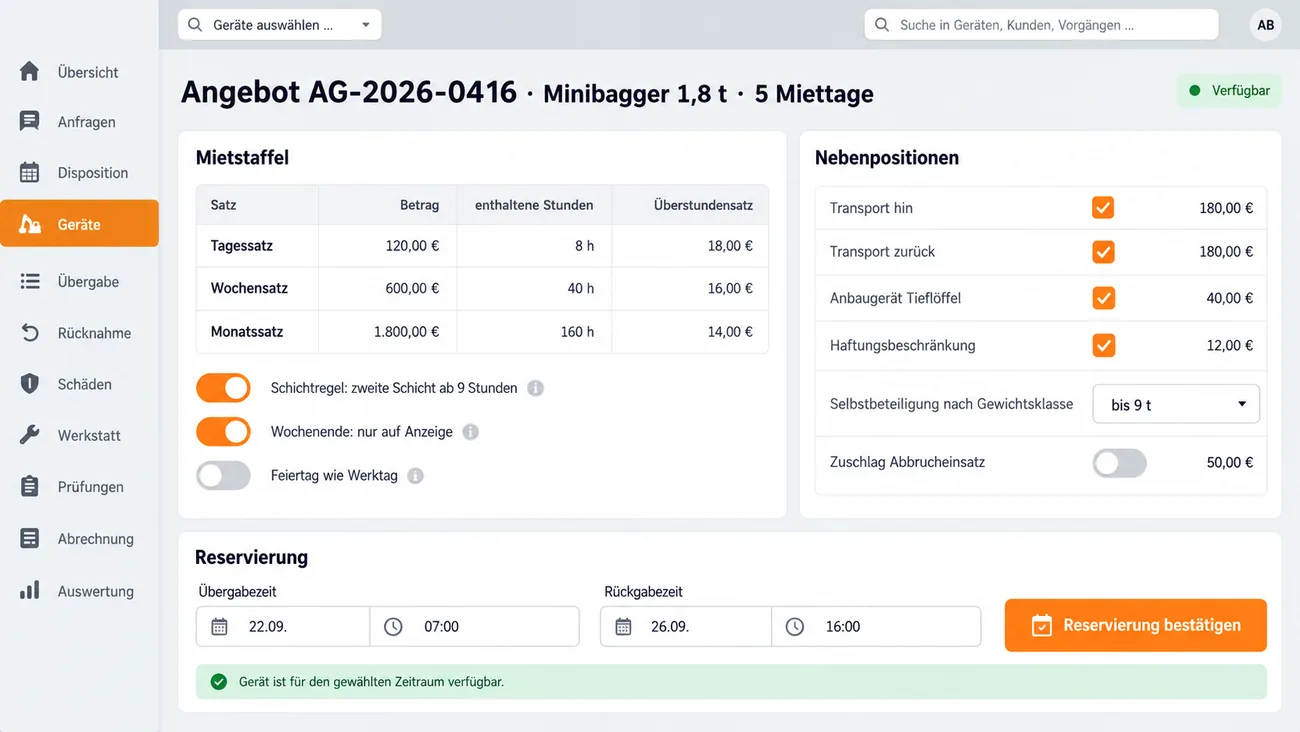 Maske: Angebot über fünf Miettage mit der Mietstaffel aus Tages-, Wochen- und Monatssatz samt enthaltenen Stunden und Überstundensatz, Schaltern für Schichtregel, Wochenende und Feiertag, den Nebenpositionen Transport hin und zurück, Tieflöffel, Haftungsbeschränkung, Selbstbeteiligung nach Gewichtsklasse und Zuschlag Abbrucheinsatz sowie der Reservierung mit Übergabe- und Rückgabezeit und bestätigter Verfügbarkeit