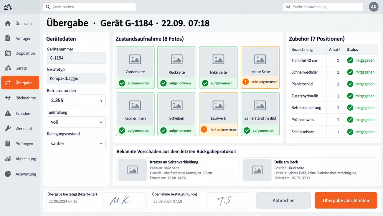 Maske: Übergabe eines Kompaktbaggers mit Betriebsstunden, Tankfüllung und Reinigungszustand, dem Raster der acht festen Fotopositionen von der Vorderseite bis zum Zählerstand im Bild, sechs davon aufgenommen und zwei noch offen, der Zubehörliste mit sieben mitgegebenen Positionen vom Tieflöffel bis zum Schlüsselsatz, den bekannten Vorschäden aus dem letzten Rückgabeprotokoll und den Bestätigungen von Mitarbeiter und Kunde