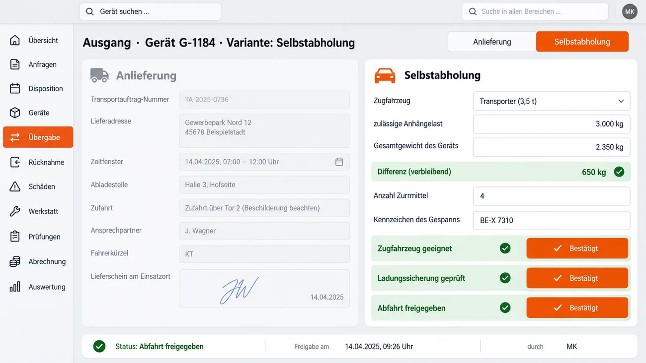 Maske: Ausgang mit Umschalter zwischen Anlieferung und aktiver Selbstabholung, links abgeblendet der Transportauftrag mit Lieferadresse, Zeitfenster, Abladestelle, Zufahrt, Ansprechpartner und unterschriebenem Lieferschein, rechts Zugfahrzeug, zulässige Anhängelast und Gerätegewicht mit grün bestätigter Differenz, Zurrmittel, Kennzeichen des Gespanns und drei bestätigten Prüfschritten bis zur freigegebenen Abfahrt