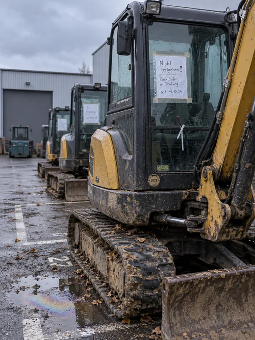 Abstellreihe hinter der Halle an einem trüben Herbsttag: ein Kompaktbagger mit getrocknetem Lehm und nassem Laub auf dem Kettenlaufwerk, an der Kabinenscheibe ein Zettel in Klarsichthülle „Nicht freigeben! Rückläufer in Prüfung“, am Rahmen eine abgelaufene Prüfplakette, davor eine Pfütze mit Ölschimmer, dahinter zwei weitere Bagger mit Sperrzetteln und vor dem geschlossenen Hallentor ein Rangierfahrzeug