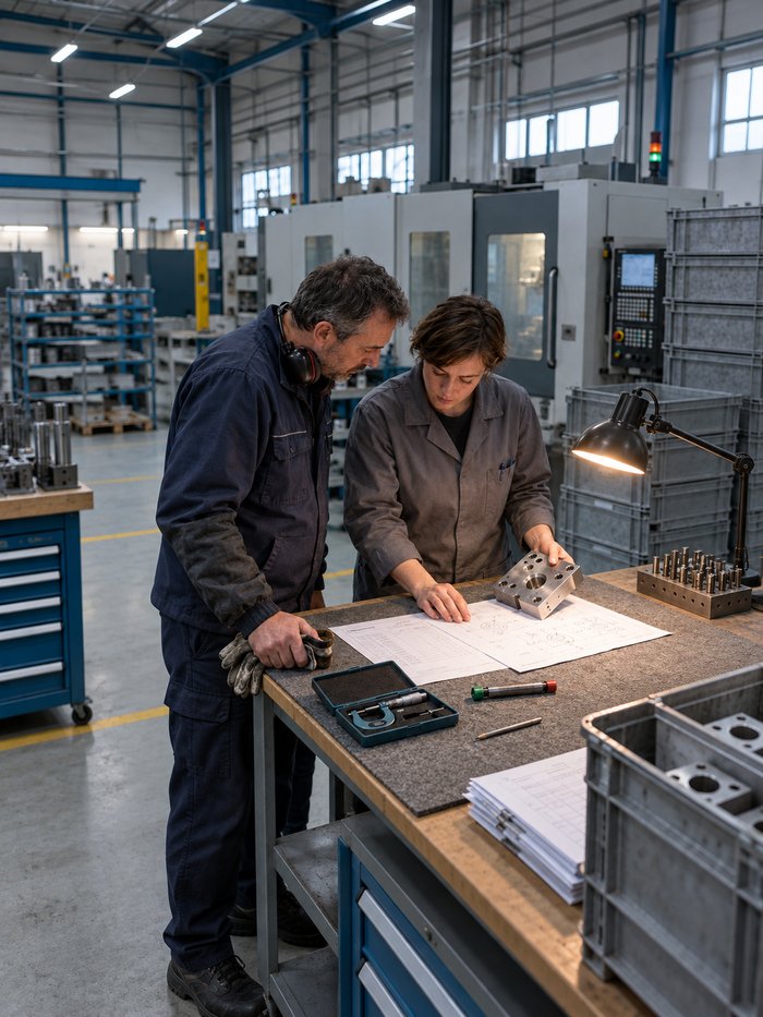 Erstmusterplatz an einer Werkbank in der Halle: Ein Maschinenbediener in dunkelblauer Arbeitskleidung mit Gehörschutz im Nacken, die ausgezogenen Handschuhe in der Hand, und eine Prüferin im grauen Arbeitskittel, die ein gefrästes Stahlteil mit mehreren Bohrungen hält, beugen sich über Zeichnung und Merkmalsblatt, daneben eine Bügelmessschraube im offenen Etui, ein Grenzlehrdorn und ein Bleistift