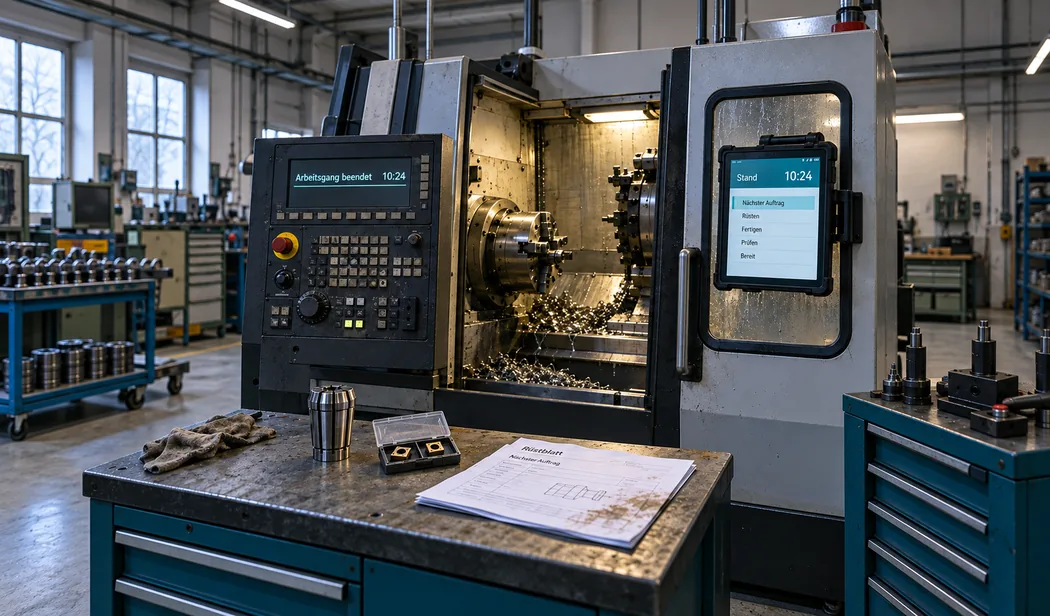Rüstwechsel an einer CNC-Drehmaschine mit offenem Arbeitsraum und Drehspänen: links am Bedienpult die Anzeige „Arbeitsgang beendet“ mit der Uhrzeit 10:24, rechts an der Schutztür ein Tablet mit „Stand“ und derselben Uhrzeit, darunter schon der nächste Auftrag, vorn auf dem Werkzeugschrank eine Spannzange, eine Schachtel mit zwei Wendeschneidplatten und das ölfleckige Rüstblatt des nächsten Auftrags