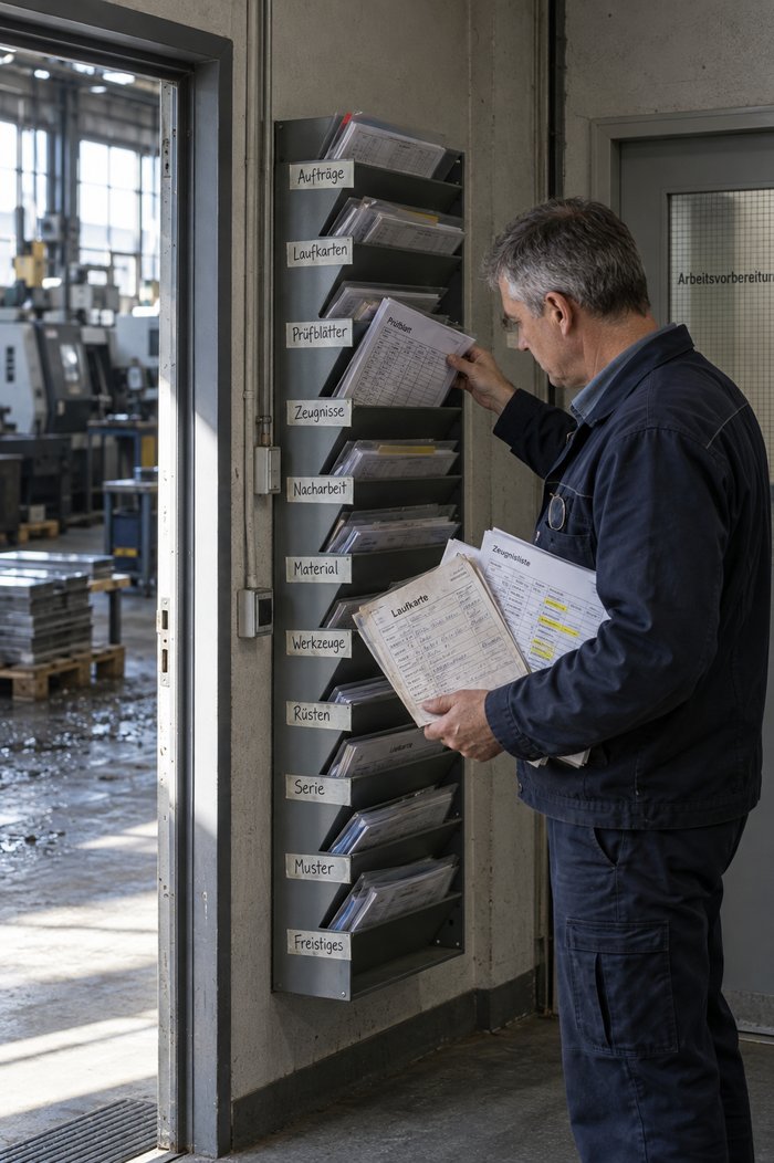 Ausgabestelle der Arbeitsvorbereitung neben der offenen Tür zur Maschinenhalle: Ein Mann in dunkelblauer Arbeitsjacke über einem Hemd, die Lesebrille an der Brusttasche, zieht ein Prüfblatt aus einem grauen Fächerregal mit handbeschrifteten Reitern wie Aufträge, Laufkarten, Prüfblätter und Zeugnisse und hält im anderen Arm eine abgegriffene Laufkarte und eine Zeugnisliste mit gelben Markierungen