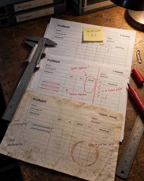 Schreibtisch im Werkstattbüro unter einer Arbeitsleuchte: Drei versetzt liegende Fassungen desselben Prüfblatts, vorn das vergilbte Original des Betriebs mit Kaffeering und handschriftlichen Randnotizen, dahinter die erste Fassung voller Rotstiftkorrekturen und ganz hinten die saubere dritte Fassung mit Haftzettel, dazu Messschieber, roter Stift, Stahllineal und Büroklammer