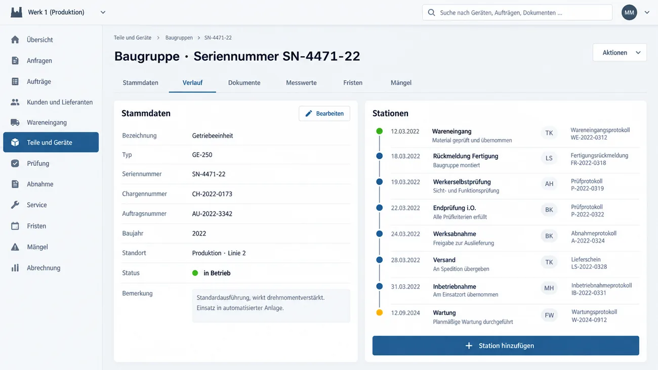 Maske: Akte einer Baugruppe unter ihrer Seriennummer mit den Registern Stammdaten, Verlauf, Dokumente, Messwerte, Fristen und Mängel, den Stammdaten von Typ, Charge und Auftrag bis Standort und Status und dem Verlauf der Stationen vom Wareneingang über Endprüfung und Versand bis zur Wartung, jede mit Datum, Kürzel und Beleg