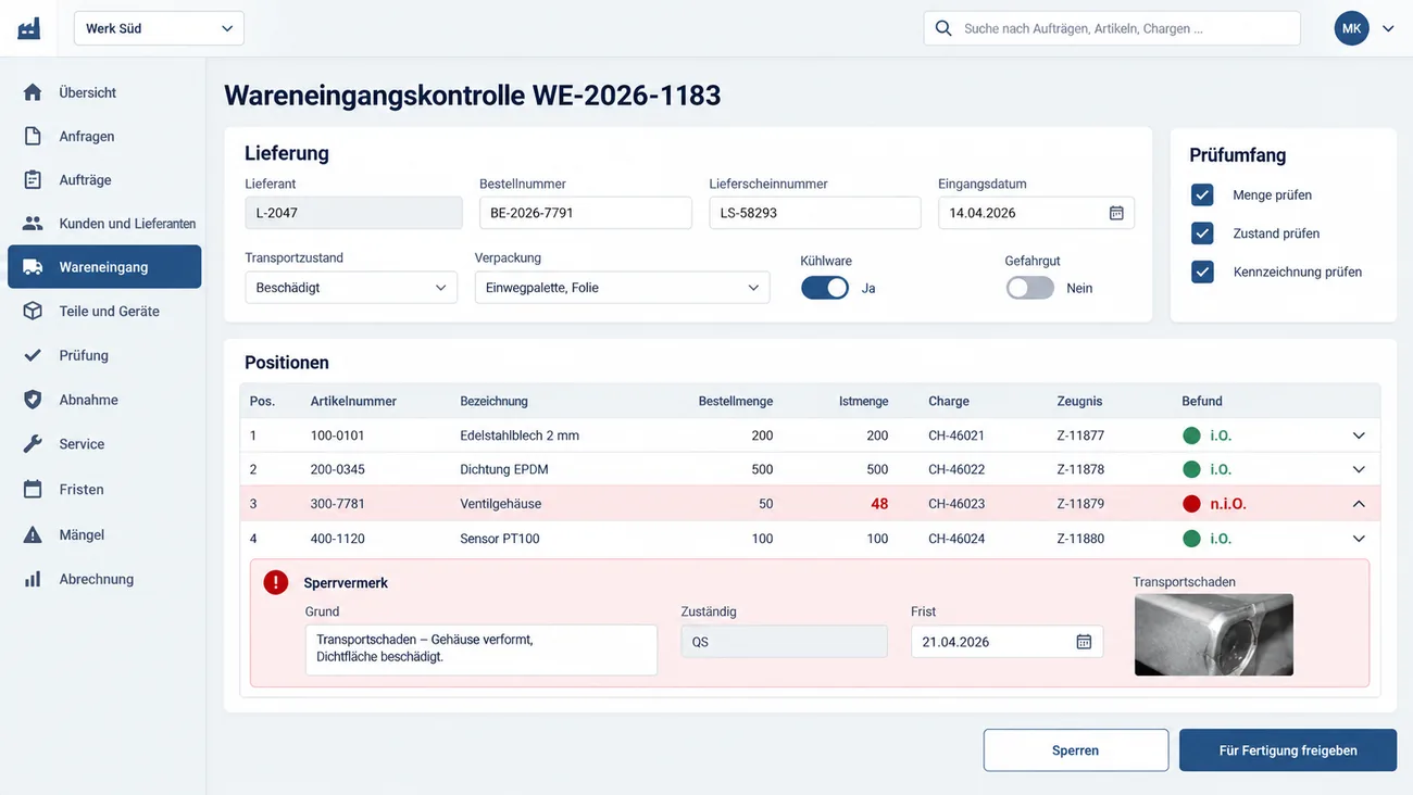 Maske: Wareneingangskontrolle mit den Lieferdaten von Lieferant und Bestellnummer bis Transportzustand und Verpackung, der Positionstabelle mit Bestell- und Istmenge, Charge, Zeugnis und Befund, einem Sperrvermerk mit Grund, Zuständigem, Frist und Foto des Transportschadens und dem Prüfumfang Menge, Zustand und Kennzeichnung