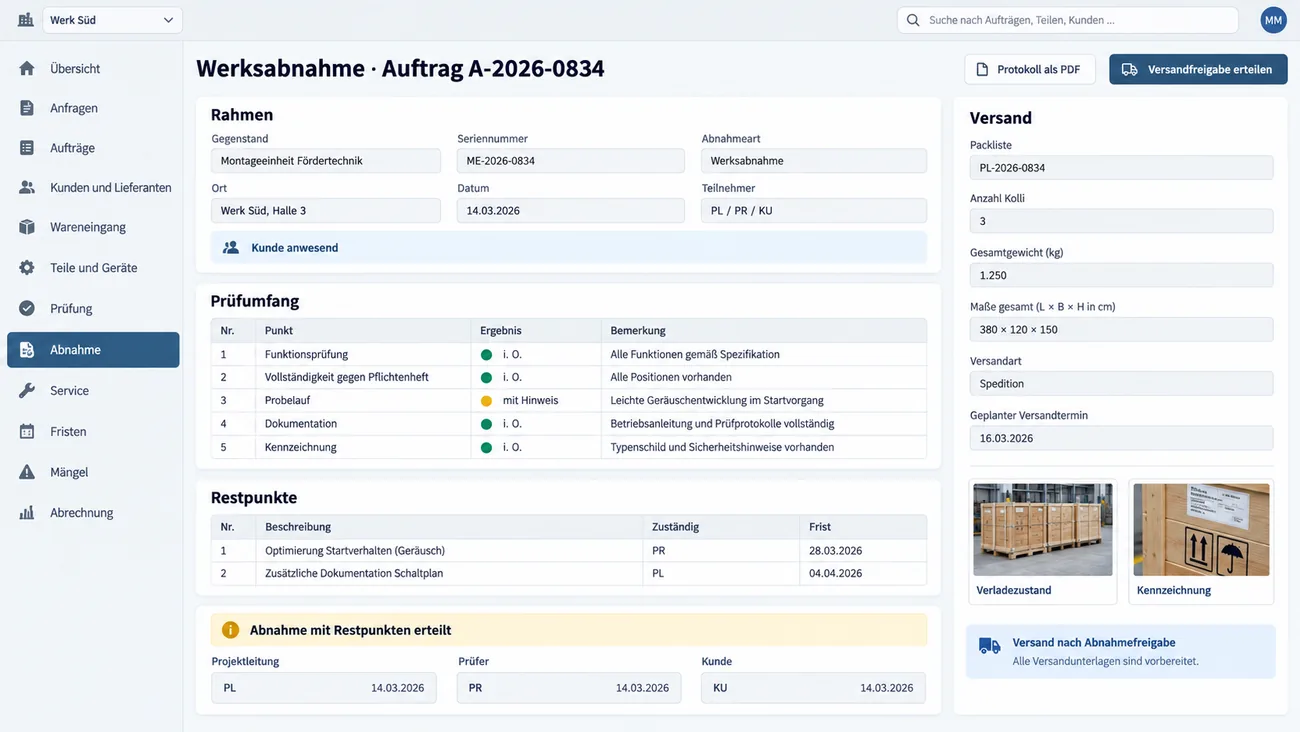 Maske: Werksabnahme eines Auftrags mit Gegenstand, Seriennummer, Ort, Datum, Teilnehmern in Kürzeln und dem Vermerk Kunde anwesend, der Checkliste von Funktionsprüfung bis Kennzeichnung, den Restpunkten mit Zuständigem und Frist, der Versandkarte mit Packliste, Kolli, Gewicht, Maßen und Verladefotos und den Unterschriftsfeldern von Projektleitung, Prüfer und Kunde