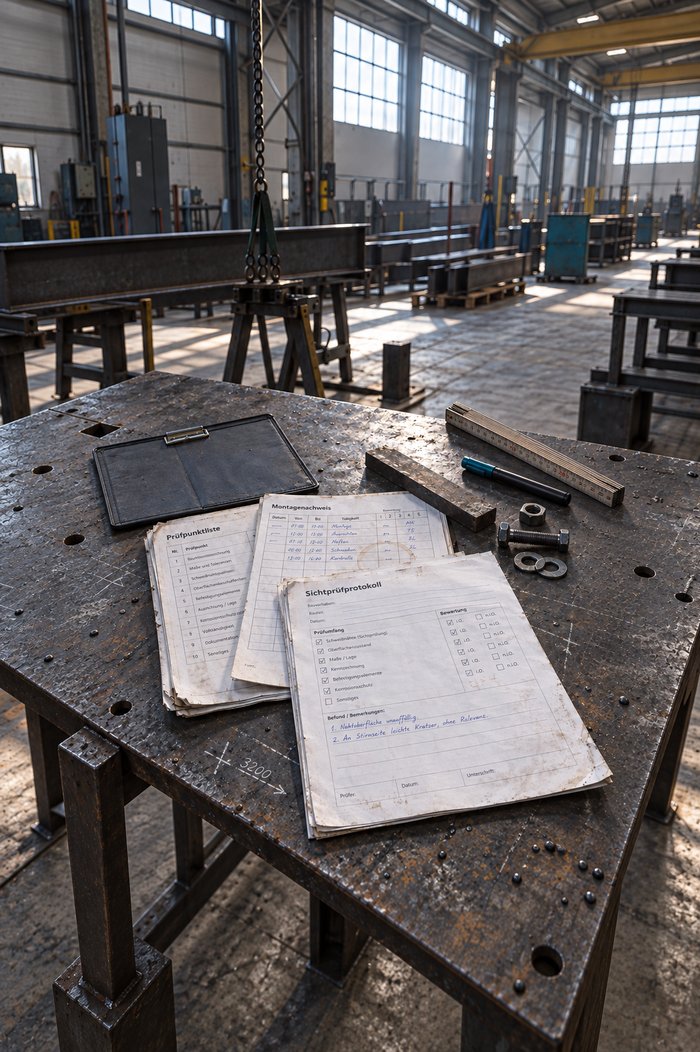 Kopfende eines Zusammenbautischs aus geschwärztem Stahl in einer hellen Fertigungshalle: Leicht gefächert liegen ein Sichtprüfprotokoll mit angekreuztem Prüfumfang und zwei handschriftlichen Befundzeilen, ein Montagenachweis mit Stunden, Kürzeln und Kaffeering und eine mehrseitige Prüfpunktliste, daneben Flachstahl, Schraubgarnitur, Zollstock, Folienstift und eine Klemmmappe, dahinter Träger auf Böcken
