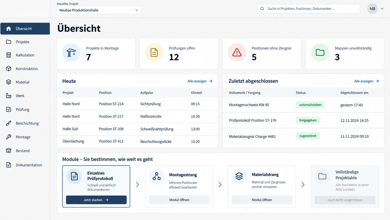 Maske: Startübersicht mit den Kennzahlkacheln Projekte in Montage, offene Prüfungen, Positionen ohne Zeugnis und unvollständige Mappen, den heutigen Aufgaben je Projekt und Position mit Uhrzeit, den zuletzt abgeschlossenen Vorgängen mit Status und der Modulleiste vom einzelnen Prüfprotokoll über Montage- und Materialstrang bis zur noch nicht eingerichteten vollständigen Projektakte, das einzelne Prüfprotokoll als aktiv markiert