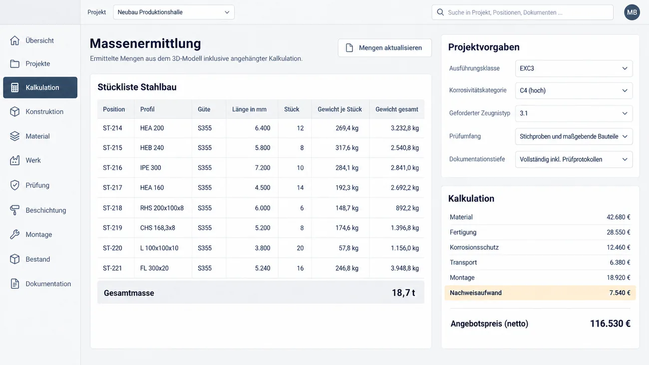 Maske: Massenermittlung mit der Stückliste aus Position, Profil, Güte, Länge in Millimetern, Stückzahl und Gewicht je Stück und gesamt für acht Positionen, der Gesamtmasse von 18,7 t, den Projektvorgaben Ausführungsklasse, Korrosivitätskategorie, Zeugnistyp, Prüfumfang und Dokumentationstiefe und der angehängten Kalkulation von Material bis Montage mit hervorgehobenem Nachweisaufwand und Angebotspreis