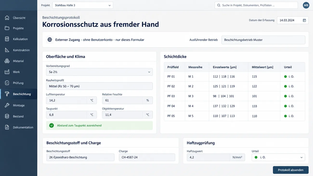 Maske: Beschichtungsprotokoll über einen externen Zugang ohne Benutzerkonto mit ausführendem Betrieb, Vorbereitungsgrad, Rauheitsprofil, Lufttemperatur, relativer Feuchte, Taupunkt und Objekttemperatur samt grünem Hinweis auf ausreichenden Taupunktabstand, der Schichtdickentabelle mit fünf Prüffeldern, Einzel- und Mittelwerten in Mikrometern und Urteil, Beschichtungsstoff mit Charge und der Haftzugprüfung mit Wert und Urteil
