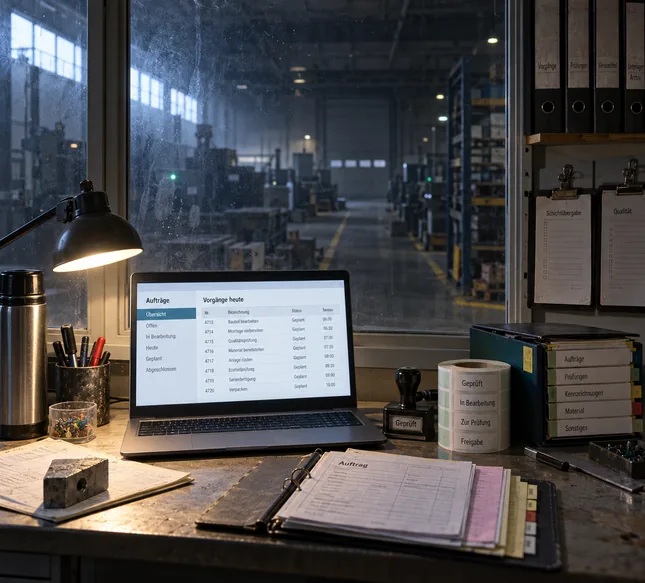 Verglaste Meisterkabine mit Blick in die noch dunkle Werkshalle: Auf dem Pult ein aufgeklapptes Notebook mit der Liste der heutigen Vorgänge von Bauteil bearbeiten bis Verpacken, ringsum Pultleuchte, Thermoskanne, Stiftebecher, Prüfstempel, eine Rolle Statusetiketten, ein Musterstück als Briefbeschwerer, eine Auftragsmappe mit Durchschlägen und ein Ordner mit Registern