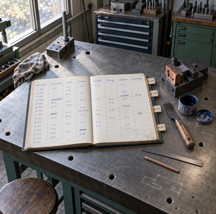 Montageplatte im Werkzeugbau im Licht eines Hallenfensters: das aufgeschlagene, von Hand geführte Formenbuch mit Registerreitern je Werkzeugnummer und Spalten für Konstruktion, Fräsen, Erodieren, Schleifen, Montage, Tuschieren und Erprobung, einzelne Einträge durchgestrichen und neu geschrieben, daneben eine Kupferelektrode im Halter, ein Schaber, eine offene Dose Tuschierfarbe, ein Stahllineal und ein Bleistift