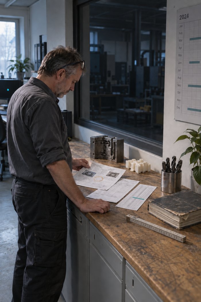 Betriebsbüro mit dunklem Innenfenster zur Halle: Ein Mann mit grauem Bart und hochgeschobener Brille legt auf einem abgenutzten Sideboard drei Unterlagen zurecht, ein Abmusterungsblatt mit zwei Fotos und Kaffeerand, ein Formular und einen schmalen Kalkulationsausdruck mit markierter Zeile, daneben ein aufgeschnittener Formeinsatz, ein Kunststoff-Musterteil, ein Becher mit Bohrern, ein Katalog und ein Zollstock