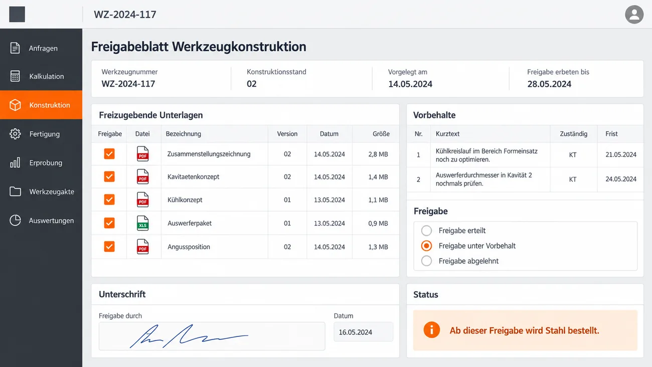 Maske: Freigabeblatt Werkzeugkonstruktion mit Konstruktionsstand 02, Vorlage- und Fristdatum, der Liste freizugebender Unterlagen von Zusammenstellungszeichnung über Kavitätenkonzept, Kühlkonzept und Auswerferpaket bis zur Angussposition mit Version und Häkchen, zwei Vorbehalten mit Zuständigem und Frist, der gewählten Freigabe unter Vorbehalt, Unterschrift und dem Hinweis, dass ab dieser Freigabe Stahl bestellt wird