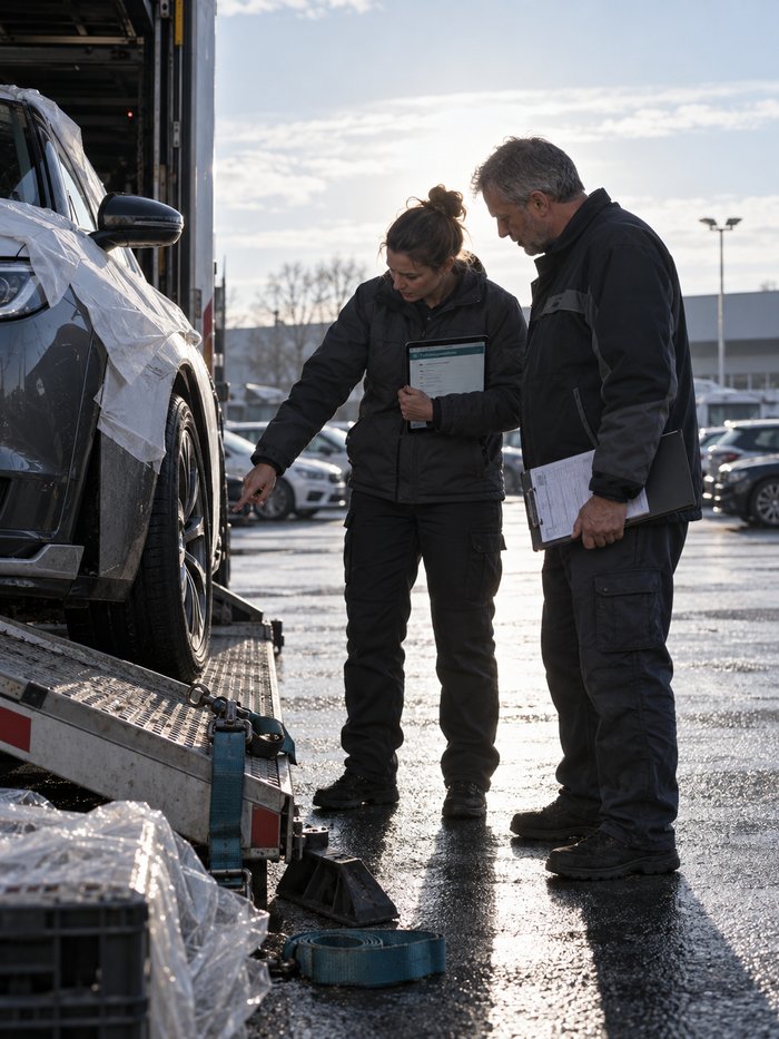 Entladestelle auf dem Hof eines Autohauses im Gegenlicht: Ein Neufahrzeug mit halb abgezogener Schutzfolie steht auf der heruntergelassenen Rampe eines Autotransporters, davor zeigt eine Mitarbeiterin in wattierter Arbeitsjacke mit dem Tablet im Arm auf das Vorderrad, ein älterer Kollege in Betriebsjacke hält die Klemmmappe mit dem Lieferschein gesenkt, am Boden liegen ein Radkeil und ein Spanngurt