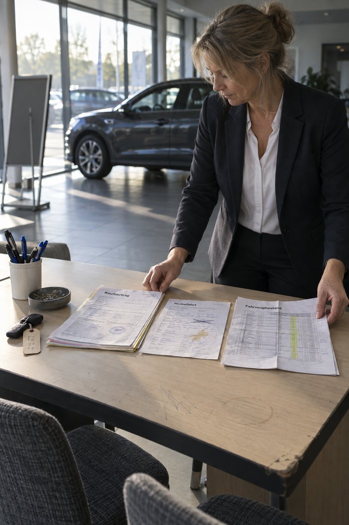 Verkaufstisch im Ausstellungsraum am Morgen: Eine Frau in dunklem Blazer legt einen mehrlagigen Kaufvertrag mit Stempel, einen handschriftlich ausgefüllten Probefahrtzettel mit Fettfleck und durchgestrichener Zeile und einen gefalteten Ausdruck des Fahrzeugbestands mit Textmarkerspalte nebeneinander, daneben ein Becher mit Kugelschreibern, eine Schale mit Büroklammern und ein Fahrzeugschlüssel mit Pappanhänger, im Hintergrund ein ausgestelltes dunkles SUV vor der Glasfront