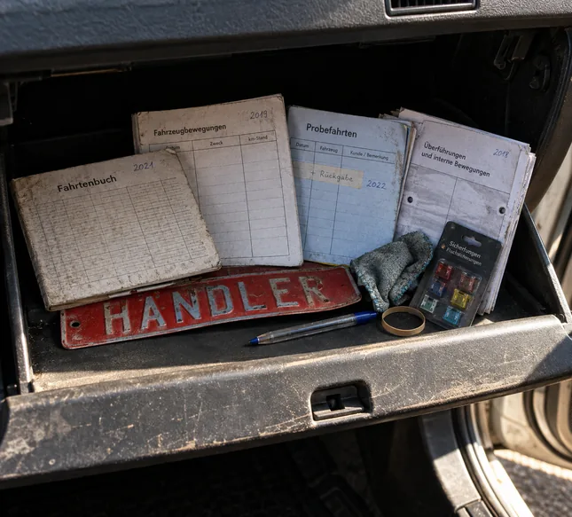 Blick in das geöffnete Handschuhfach eines älteren Vorführwagens: Auf einem roten Händlerschild aus Blech liegen vier abgegriffene Nachweishefte aus verschiedenen Jahren, ein Fahrtenbuch von 2021, ein Heft Fahrzeugbewegungen von 2019, ein Heft Probefahrten von 2022 mit eingeklebtem Zusatzstreifen und ein geheftetes Bündel Überführungen und interne Bewegungen von 2018, dazu ein Kugelschreiber, ein Tuch, eine Blisterkarte mit Flachsicherungen und ein Gummiring