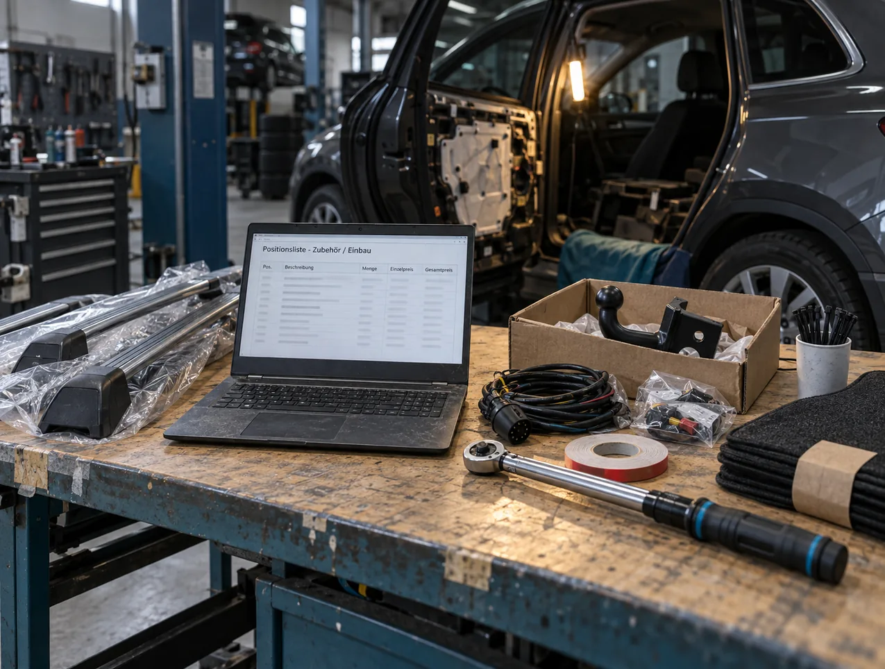 Einbauplatz in der hauseigenen Werkstatt: Auf einem abgenutzten Montagetisch steht ein Notebook mit der Positionsliste Zubehör und Einbau, daneben Dachträger in Schutzfolie, eine Anhängerkupplung im Karton, ein Kabelsatz mit Stecker, Beutel mit Steckverbindern, doppelseitiges Klebeband, ein Drehmomentschlüssel, ein Becher mit Kabelbindern und ein Stapel Fußmatten mit Papierbanderole, dahinter ein SUV mit geöffneter Tür, abgenommener Türverkleidung und einer Arbeitsleuchte am Türrahmen