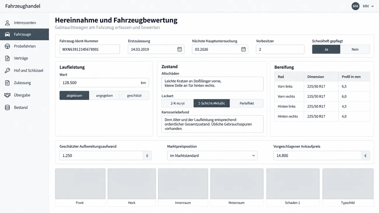 Maske: Hereinnahme und Fahrzeugbewertung mit Fahrzeug-Ident-Nummer, Erstzulassung, nächster Hauptuntersuchung, zwei Vorbesitzern und gepflegtem Scheckheft, der Laufleistung von 128.500 km als abgelesen markiert, dem Block Zustand mit Altschäden, Lackart 2-Schicht-Metallic und Karosseriebefund, der Tabelle Bereifung mit Dimension und Profiltiefe von 6,5 mm vorn links bis 4,0 mm hinten rechts, dem geschätzten Aufbereitungsaufwand, der Marktpreisposition, dem vorgeschlagenen Ankaufpreis und sechs Bildplätzen von Front und Heck über Innenraum, Motorraum und Schaden bis zum Typschild