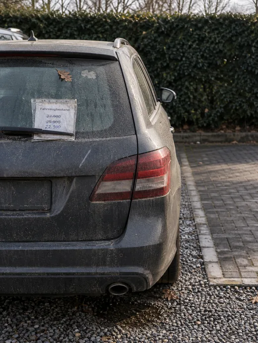 Heck eines staubigen, von Pollen stumpfen dunkelgrauen Kombis in der hintersten Reihe eines Gebrauchtwagenhofs vor einer Hecke: Unter dem Heckscheibenwischer klemmt in einer beschlagenen Klarsichthülle ein Zettel Fahrzeugbestand mit den durchgestrichenen Preisen 27.900 und 25.900 und dem von Hand nachgetragenen Preis 22.900, auf der Heckscheibe liegt ein trockenes Eichenblatt, im Staub der Heckklappe ein Fingerstrich, der Nachbarplatz ist leer