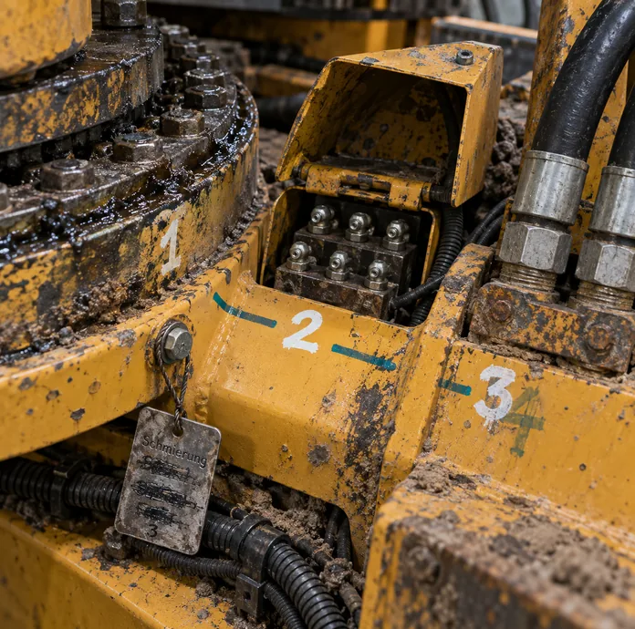 Nahaufnahme am Oberwagen eines gelben Baggers: neben dem fettverschmierten Drehkranz, einem Block Schmiernippel unter einer aufgeklappten Blechabdeckung und zwei Hydraulikanschlüssen mit Überwurfmuttern stehen von Hand aufgemalte Zahlen 1, 2 und 3, neben der 3 eine ältere, übermalte 4, blaugrüne Farbstriche verbinden die Punkte, an einem Draht hängt ein abgegriffener Metallanhänger „Schmierung“ mit mehrfach durchgestrichenen Einträgen und der Zahl 3
