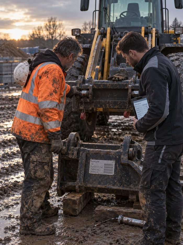 Baustelle am späten Nachmittag nach Regen: vor dem abgesenkten Schnellwechsler eines gelben Radladers stehen ein Maschinist in orangefarbener Warnschutzjacke, den Helm im Nacken und die behandschuhte Hand am Verriegelungsbolzen, und ein jüngerer Servicetechniker in dunkler Arbeitsjacke mit einem Tablet, auf dem die Liste der Anbaugeräte mit Gewichten steht, beide blicken auf das Kennzeichnungsschild des Anbaugeräts, das vor ihnen auf Kanthölzern liegt, auf dem Wechselrahmen liegen Handschuhe, im Lehm eine Fettpresse