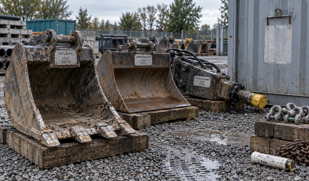 Bauhof eines Kunden bei bedecktem Himmel: im nassen Schotter liegen auf Kanthölzern ein Tieflöffel, ein Grabenräumlöffel und ein Hydraulikhammer, jedes Gerät mit frisch geprägtem Metallschild mit Bezeichnung, Nummer und Gewicht, rechts an der Wand eines Materialcontainers ein leerer Klemmbügel über einem hellen Rechteck, wo früher eine Liste hing, davor Schäkel auf einem Holzstapel, eine Kette und eine Fettkartusche, dahinter weitere Anbaugeräte am Zaun