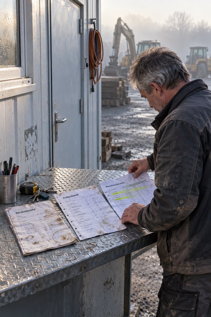 Früher Morgen neben der Tür eines Werkstattcontainers: Ein grauhaariger Mann in Arbeitsjacke legt auf einer verzinkten Riffelblechablage drei gebrauchte Papiere nebeneinander, einen fleckigen Servicebericht mit Kaffeering, ein gelochtes Prüfprotokoll mit angekreuzten Kästchen und eine Maschinenübersicht mit farbig markierten Zeilen, daneben ein Becher mit Stiften, ein Maßband und ein Schlüsselbund, an der Containerwand ein aufgerolltes Verlängerungskabel, im nebligen Hof ein Bagger, ein Radlader und ein Stapel Kanthölzer