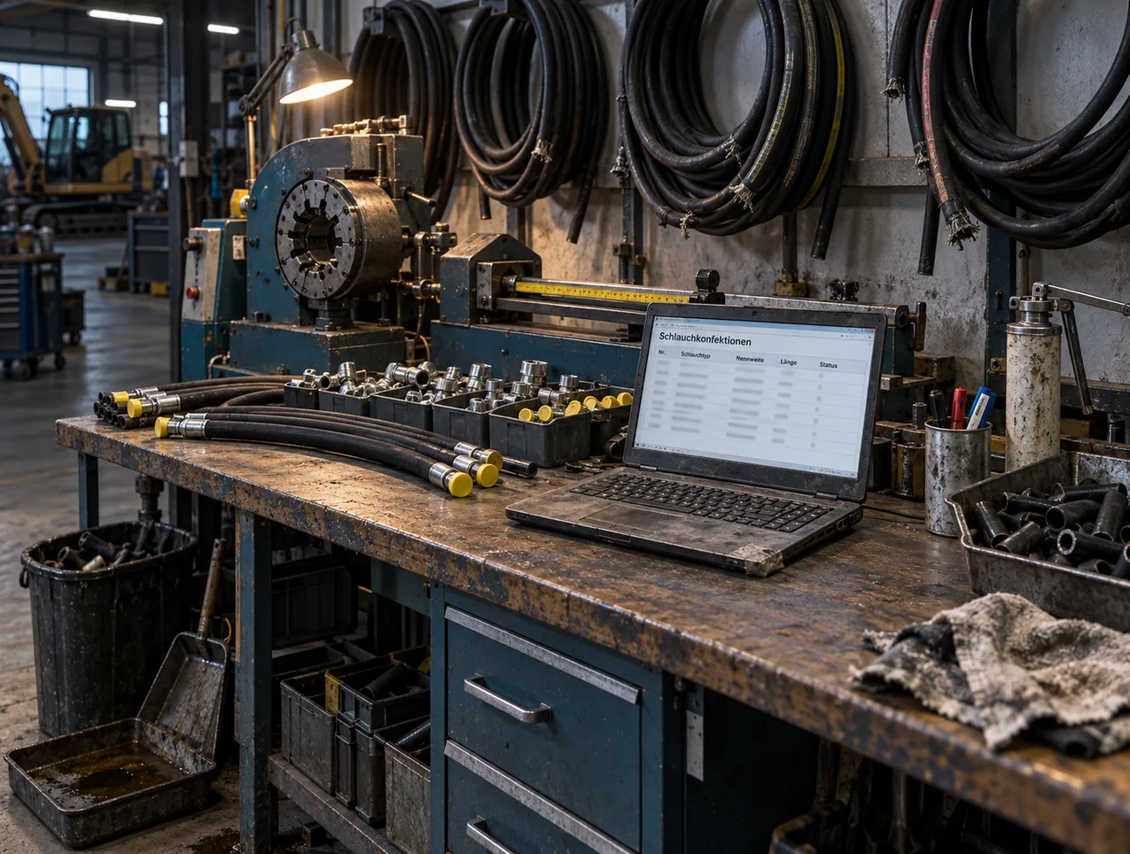 Schlauchkonfektionsplatz in einer Baumaschinenwerkstatt: an der Wand hängen Ringe Hydraulikschlauch, darunter die Schlauchpresse mit Backenkranz und die Ablängvorrichtung mit Maßband, auf der abgenutzten Werkbank ein aufgeklapptes, an der Ecke geflicktes Notebook mit der Liste Schlauchkonfektionen nach Nummer, Schlauchtyp, Nennweite, Länge und Status, daneben Sortimentskästen mit Armaturen, frisch abgelängte Schläuche mit gelben Schutzkappen, ein Stiftebecher, eine Blechschale mit Schlauchresten und ein Lappen, unter der Bank Ölauffangblech, Kehrblech und Abfalleimer, hinten in der Halle ein gelber Bagger