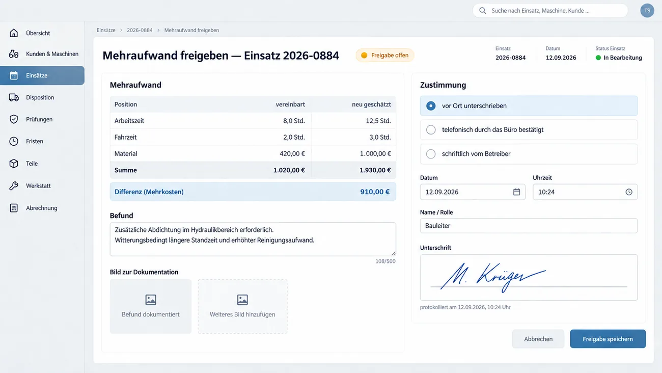 Maske: Mehraufwand freigeben mit der Gegenüberstellung vereinbart und neu geschätzt für Arbeitszeit, Fahrzeit, Material und Summe, der hervorgehobenen Differenz der Mehrkosten, dem Befund mit Bildplatz, dem Block Zustimmung mit vor Ort unterschrieben, telefonisch durch das Büro bestätigt oder schriftlich vom Betreiber, Datum, Uhrzeit, der Rolle Bauleiter, der Unterschrift und dem Protokollvermerk mit Datum und Uhrzeit