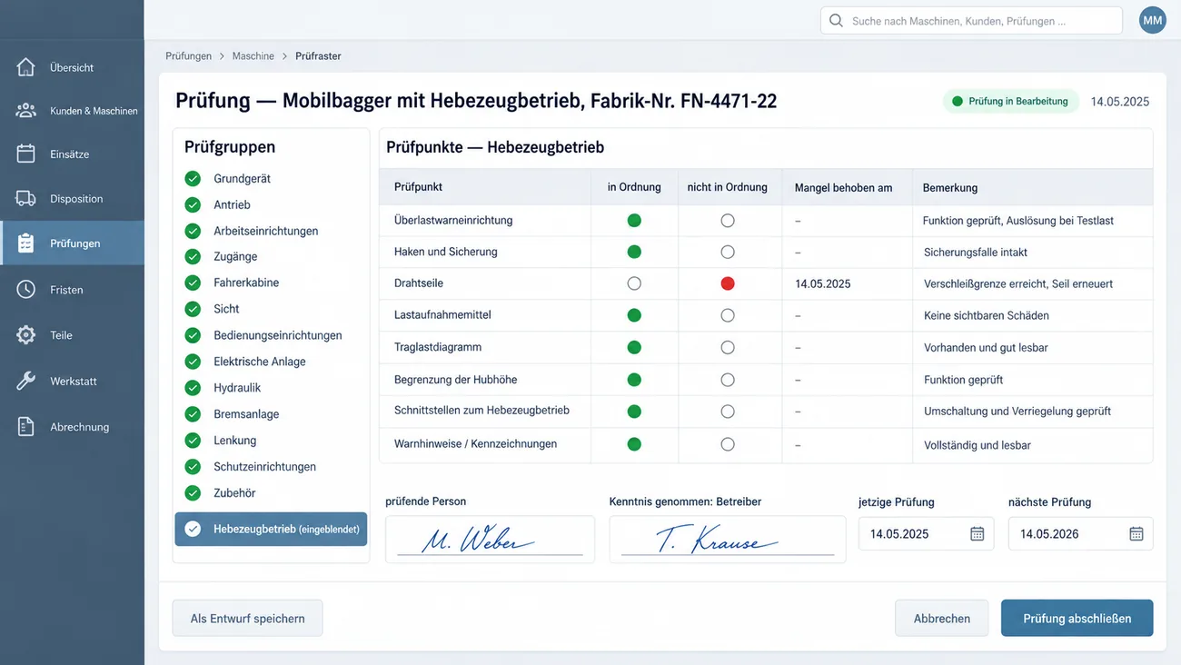 Maske: Prüfung eines Mobilbaggers mit Hebezeugbetrieb mit der Leiste der Prüfgruppen von Grundgerät bis Zubehör und der eingeblendeten Gruppe Hebezeugbetrieb, der Prüfpunktliste mit in Ordnung, nicht in Ordnung, Mangel behoben am und Bemerkung von der Überlastwarneinrichtung über die erneuerten Drahtseile bis zum Traglastdiagramm und den Unterschriften der prüfenden Person und des Betreibers mit jetziger und nächster Prüfung