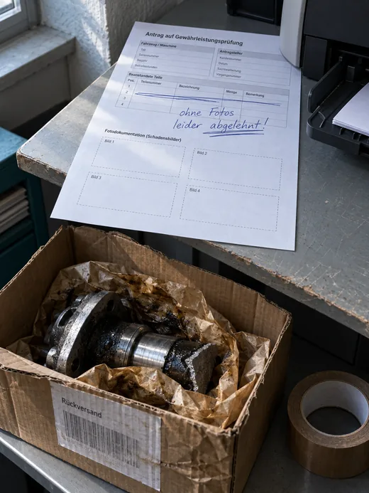 Ablage neben dem Drucker im Innendienst: obenauf ein ausgedruckter Antrag auf Gewährleistungsprüfung mit Maschinendaten, Antragsteller und Tabelle der beanstandeten Teile, eine Zeile durchgestrichen, darunter vier leere, gestrichelte Fotofelder Bild 1 bis 4 und quer darüber der Kugelschreibervermerk „ohne Fotos leider abgelehnt!“, davor ein offener Versandkarton mit Rückversand-Etikett, darin ein öliges Schadteil in Ölpapier, daneben eine unbenutzte Rolle Klebeband