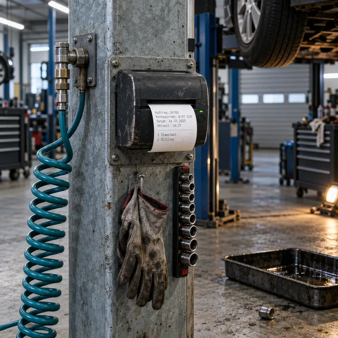 Verzinkte Stahlstütze in einer Kfz-Werkstatt: Aus einem kleinen, abgegriffenen Belegdrucker auf einem verschraubten Blechwinkel kommt ein Beleg mit Auftragsnummer, Kennzeichen, Datum, Uhrzeit und den Positionen Ölwechsel und Ölfilter, daneben hängen eine Druckluftkupplung mit blaugrünem Spiralschlauch, eine Magnetleiste mit Steckschlüsseleinsätzen und ein Paar verschmutzte Arbeitshandschuhe, auf dem Boden liegen eine Ölauffangwanne und eine einzelne Stecknuss, im Hintergrund Hebebühnen mit angehobenem Fahrzeug und ein Rolltor