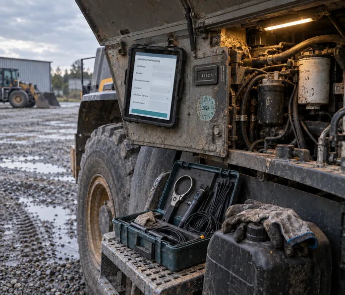 Hochgeklappte Seitenabdeckung einer schweren Baumaschine auf einem nassen Schotterhof: Neben dem offenen Motorraum hängt ein Tablet in robuster Hülle mit der Maske Maschinenerfassung für Gerätetyp, Baujahr, Betriebsstunden, Zustand und nächsten Service, daneben ein Betriebsstundenzähler mit 4862 h und eine Prüfplakette, auf der Trittstufe ein aufgeklappter Servicekoffer mit Filterschlüssel, Prüfsonde und Kabelbindern und ein Kanister mit abgelegten Arbeitshandschuhen, im Hintergrund ein Radlader vor einer Halle aus Trapezblech