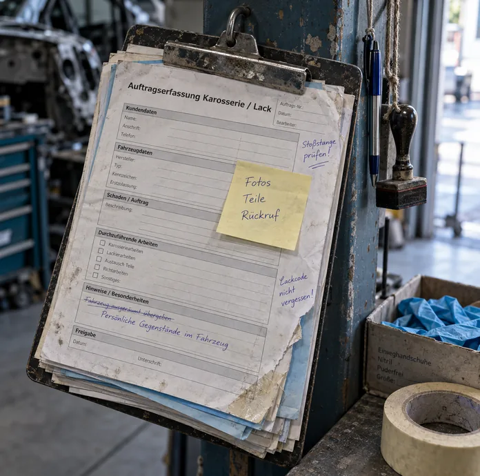 An einem blau lackierten Stahlpfosten am Hallenzugang hängt eine abgegriffene Klemmmappe mit dem Vordruck Auftragserfassung Karosserie / Lack und Feldern für Kunden- und Fahrzeugdaten, Schaden, durchzuführende Arbeiten, Hinweise und Freigabe, am Rand von Hand nachgetragen „Stoßstange prüfen!“ und „Lackcode nicht vergessen!“, darauf ein gelber Merkzettel mit Fotos, Teile, Rückruf, eine durchgestrichene und neu geschriebene Zeile zu persönlichen Gegenständen und eine eingerissene, mit Klebeband geflickte Ecke, darunter ein Stapel gewellter Durchschläge, daneben an Schnüren ein Kugelschreiber und ein Stempel, rechts eine Schachtel Einweghandschuhe und eine Rolle Kreppband