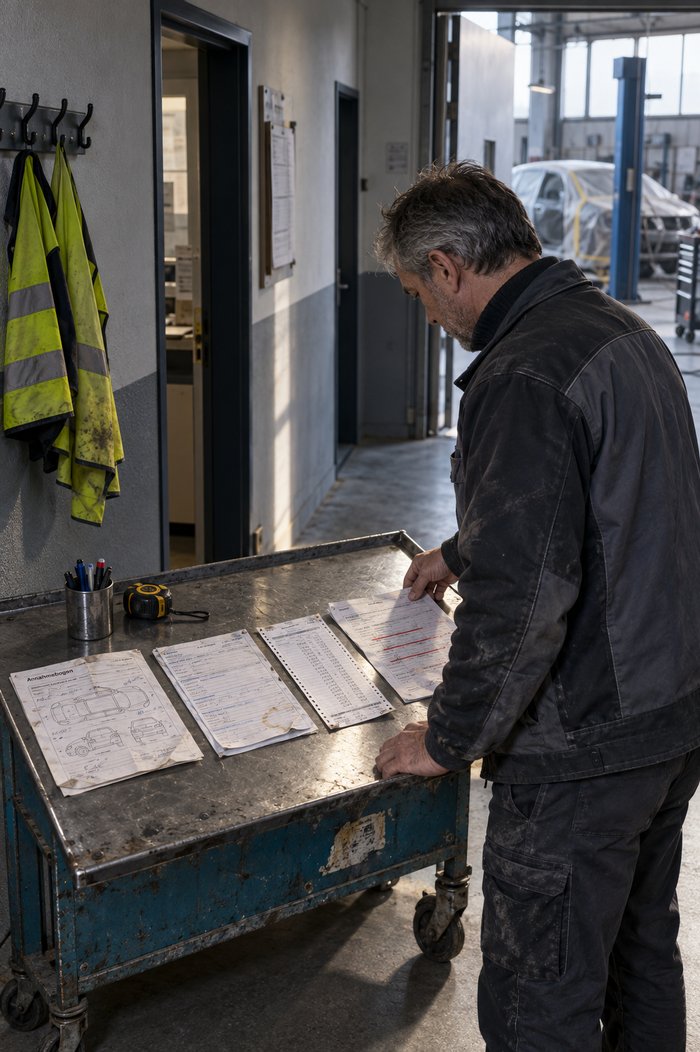 Flur zwischen Karosseriehalle und Büro am frühen Morgen: Ein grauhaariger Mann in dunkler Betriebsjacke legt auf der Blechauflage eines verbeulten blauen Teilewagens vier gebrauchte Papiere nebeneinander, einen Annahmebogen mit gezeichneten Fahrzeugumrissen, ein mehrlagiges Formular mit Kaffeerand, einen Endlosausdruck mit Zahlenspalten und ein Schreiben mit rot durchgestrichenen Zeilen, daneben ein Stiftebecher und ein Maßband, links an einer Hakenleiste zwei Warnwesten, rechts durch die offene Tür die Halle mit einem abgeklebten Fahrzeug und einer blauen Hebebühnensäule