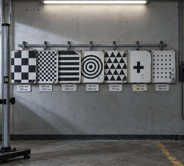 Gerätewand am Kalibrierplatz einer Karosseriehalle: An einer Stahlschiene hängen sieben benutzte Kalibriertafeln nebeneinander, grobes und feines Schachbrett, waagerechte Balken, konzentrische Kreise, Dreiecksraster, ein einzelnes Kreuz und ein Punktfeld, unter jeder Tafel ein handbeschriftetes Schild mit Abstand und Höhe in Millimetern, zwei davon korrigiert und eines auf Kreppband, links angeschnitten ein Stativ mit Höhenskala und Libelle, rechts eine gelbe Bodenmarkierung