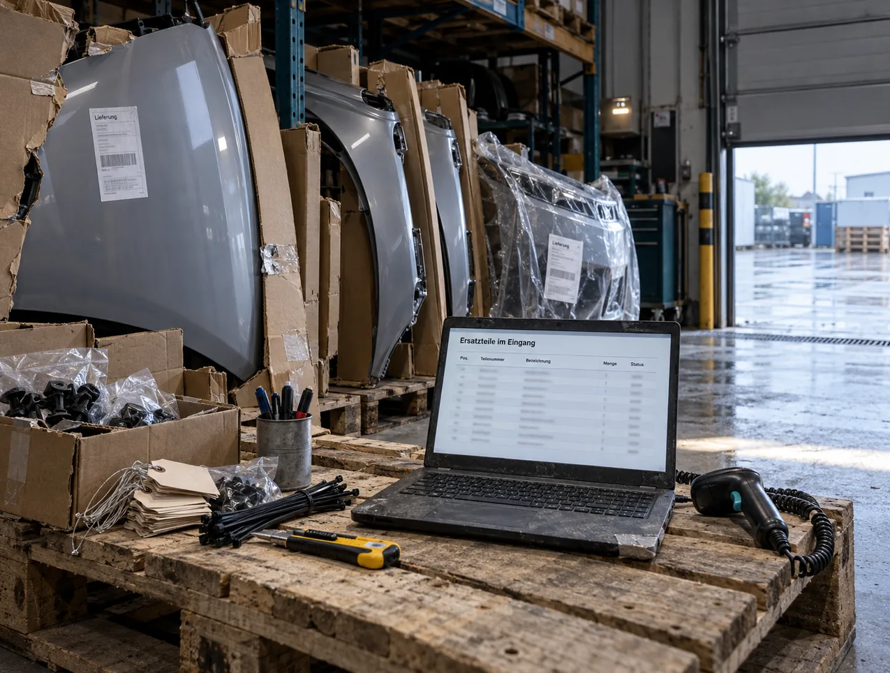 Anlieferplatz für Ersatzteile am Hallentor einer Karosseriewerkstatt am Morgen: Auf einer Holzpalette steht ein staubiges, an einer Ecke mit Klebeband geflicktes Notebook mit der Liste Ersatzteile im Eingang mit Position, Teilenummer, Bezeichnung, Menge und Status, daneben ein Handscanner mit Spiralkabel, ein Cuttermesser, Kabelbinder, Pappanhänger, ein Stiftebecher und ein Karton mit Clips in Tüten, dahinter lehnen neue Karosserieteile in Kartonschutz, eine Motorhaube und Kotflügel mit Lieferzetteln und eine Stoßfängerverkleidung in Folie, rechts das geöffnete Sektionaltor mit regennassem Hof