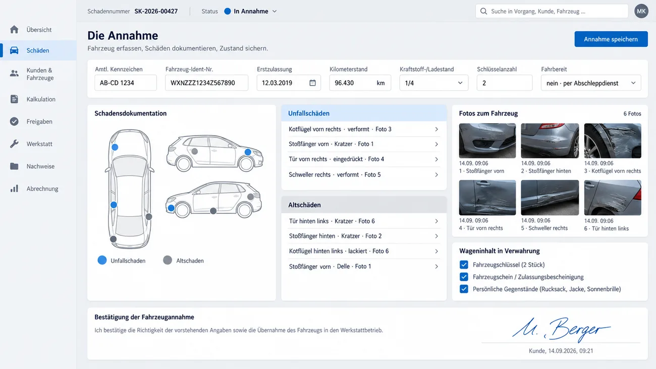 Maske: Fahrzeugannahme im Status In Annahme mit Kennzeichen, Fahrzeug-Ident-Nummer, Erstzulassung, Kilometerstand 96.430, Kraftstoffstand, Schlüsselanzahl 2 und Fahrbereit nein, per Abschleppdienst, der Schadensdokumentation an Fahrzeugsilhouetten von oben und von der Seite mit blauen Markierungen für Unfallschaden und grauen für Altschaden, den getrennten Listen Unfallschäden und Altschäden mit je vier Einträgen samt Fotonummer, sechs Fotos mit Zeitstempel, dem Wageninhalt in Verwahrung mit drei angehakten Einträgen und der Bestätigung des Kunden mit Unterschrift