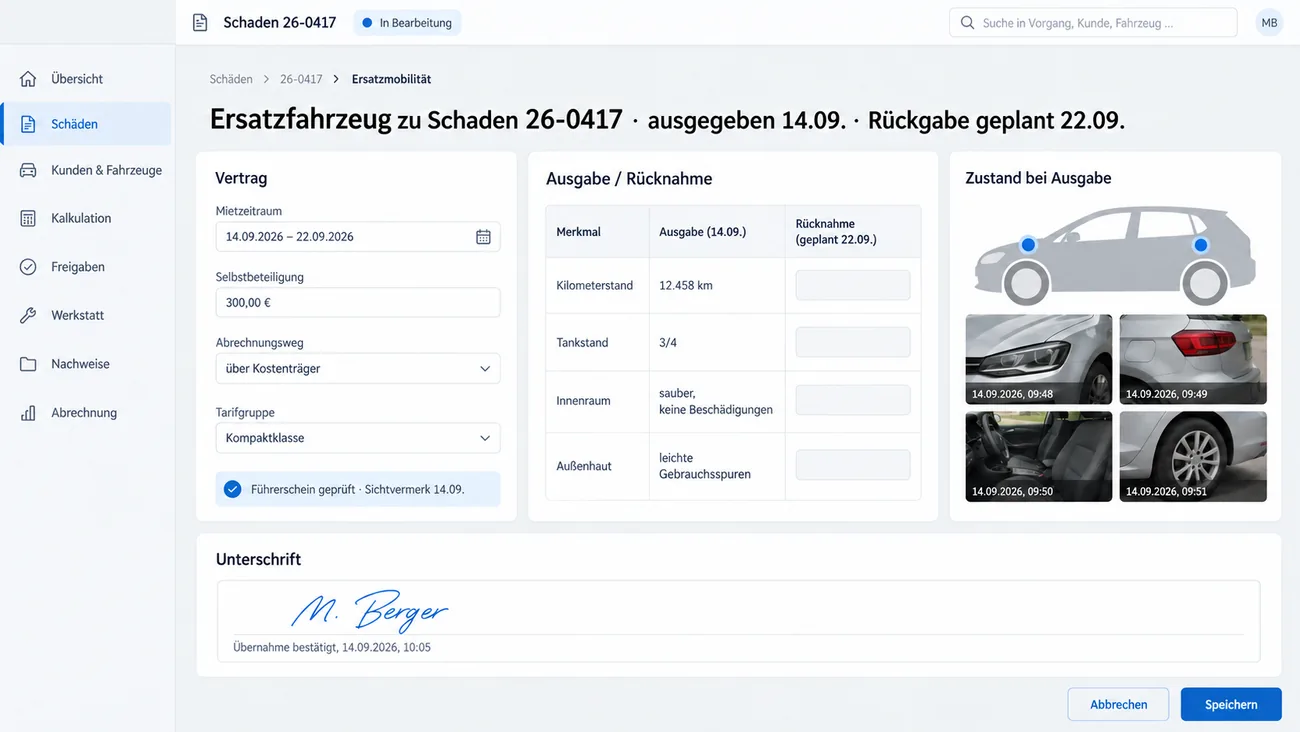 Maske: Ersatzfahrzeug zu Schaden 26-0417, ausgegeben am 14.09., Rückgabe geplant am 22.09., mit dem Vertrag aus Mietzeitraum, Selbstbeteiligung 300,00 €, Abrechnungsweg über Kostenträger, Tarifgruppe Kompaktklasse und geprüftem Führerschein mit Sichtvermerk, der Tabelle Ausgabe und Rücknahme für Kilometerstand 12.458 km, Tankstand 3/4, Innenraum und Außenhaut mit noch leerer Rücknahmespalte, dem Zustand bei Ausgabe an einer Fahrzeugsilhouette mit zwei Markierungen und vier Fotos mit Zeitstempel und der Unterschrift mit Übernahme bestätigt am 14.09.2026 um 10:05
